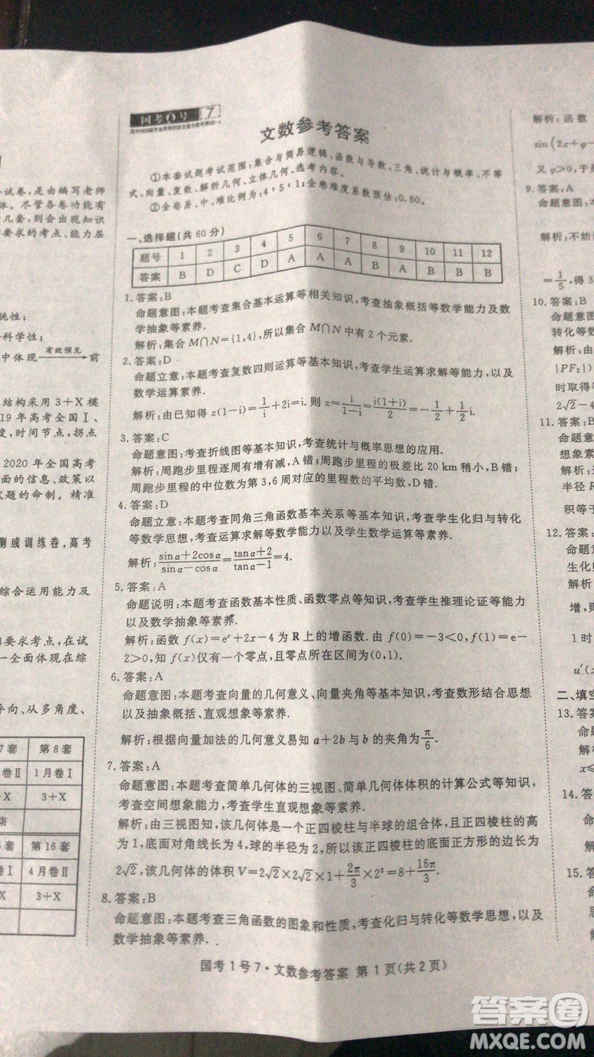 國考1號高中2020屆畢業(yè)班基礎知識滾動測試7文科數(shù)學答案