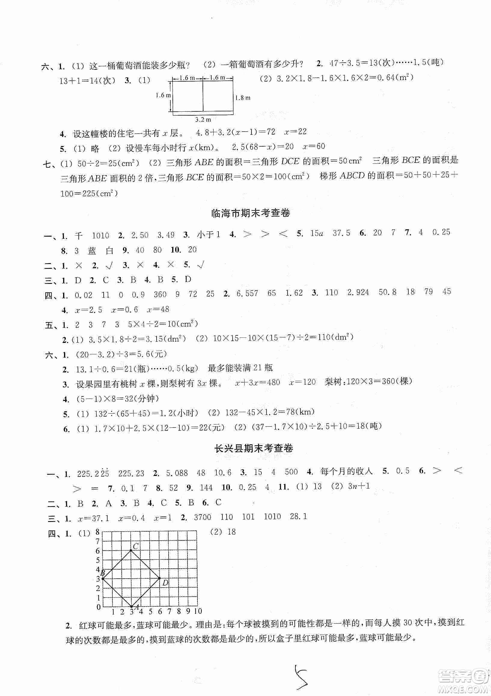 浙江教育出版社2019各地期末名卷精選五年級數(shù)學上冊人教版答案