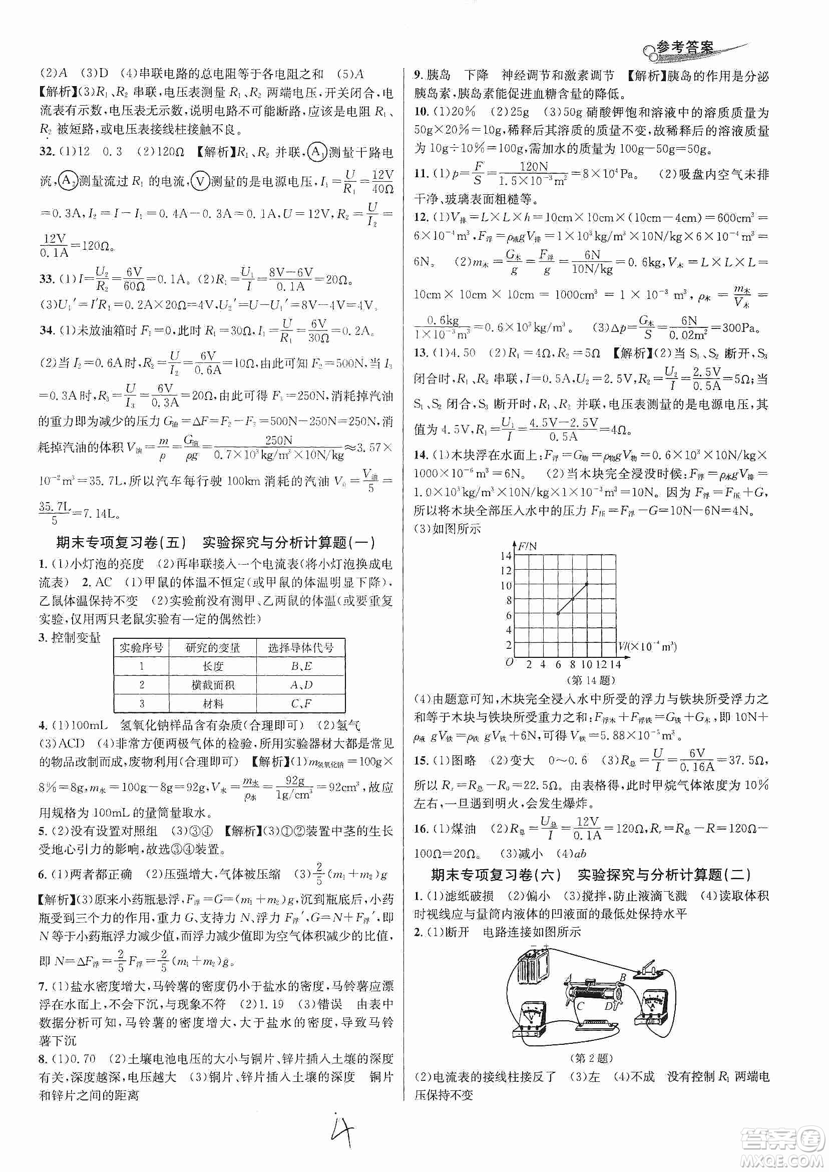 浙江教育出版社2019各地期末名卷精選八年級科學上冊浙教新課標答案