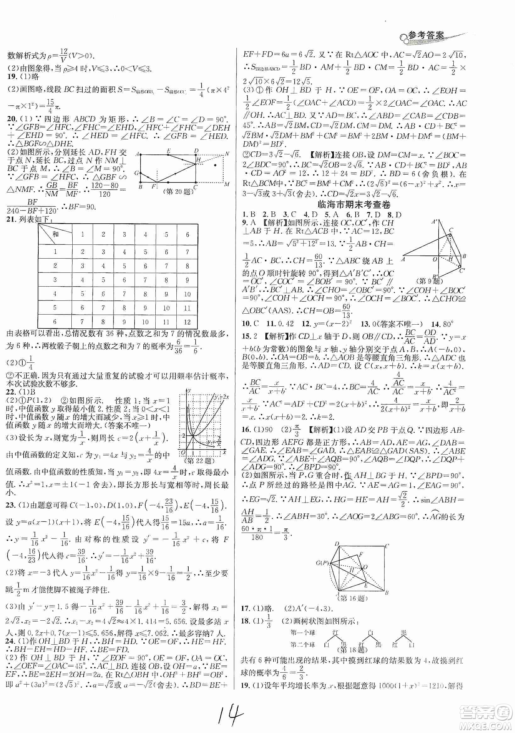 南方出版社2019各地期末名卷精選九年級(jí)數(shù)學(xué)全一冊(cè)新課標(biāo)人教版答案