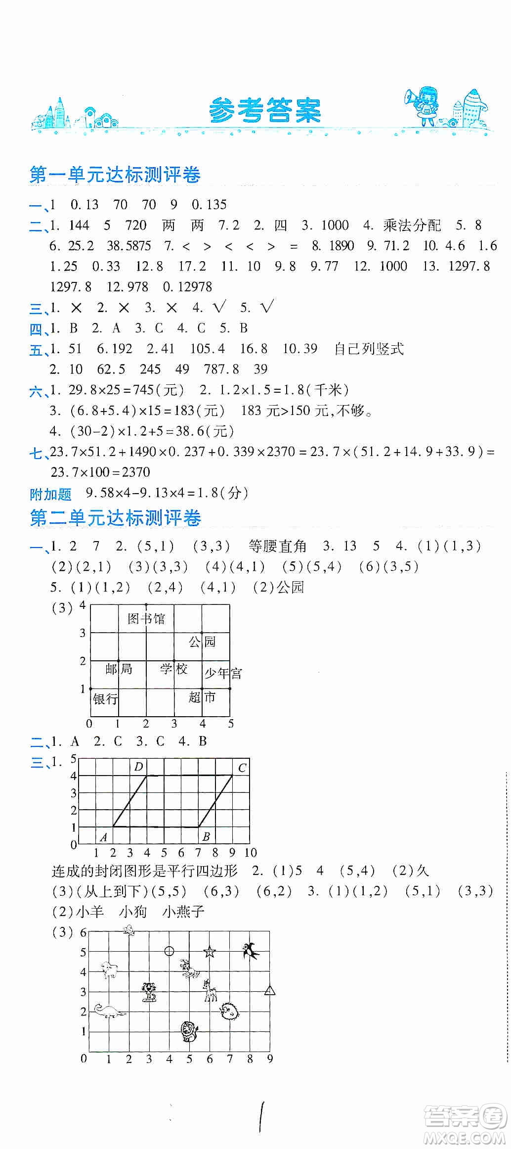 2019期末100分沖刺卷五年級(jí)數(shù)學(xué)上冊人教版答案