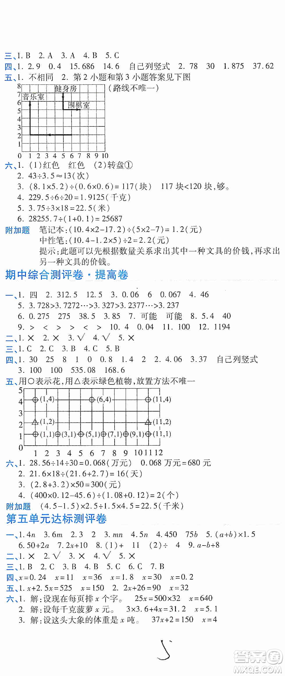 2019期末100分沖刺卷五年級(jí)數(shù)學(xué)上冊人教版答案