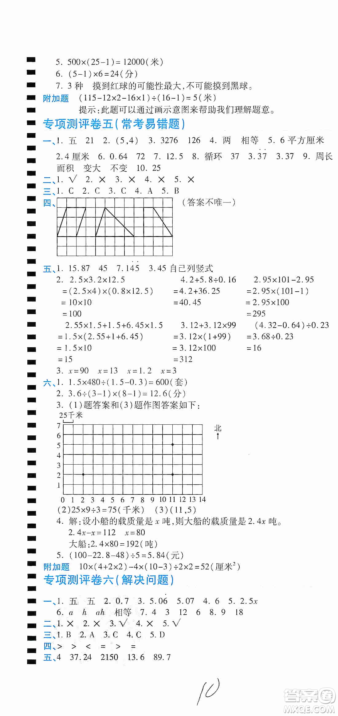 2019期末100分沖刺卷五年級(jí)數(shù)學(xué)上冊人教版答案