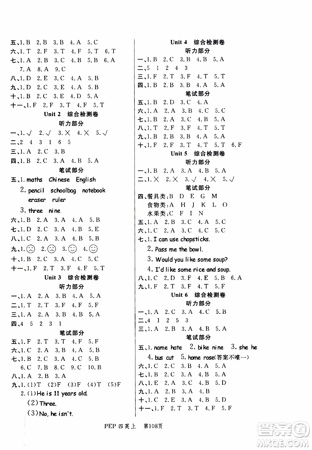 2019年小狀元沖刺100分隨堂手冊(cè)英語四年級(jí)上冊(cè)PEP人教版參考答案