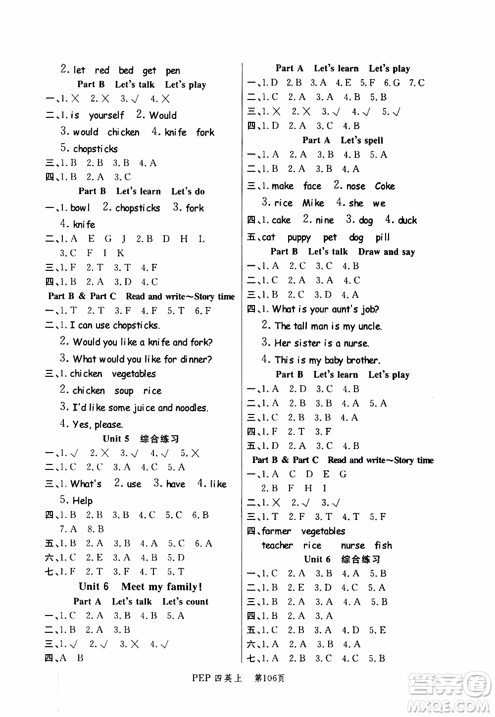 2019年小狀元沖刺100分隨堂手冊(cè)英語四年級(jí)上冊(cè)PEP人教版參考答案