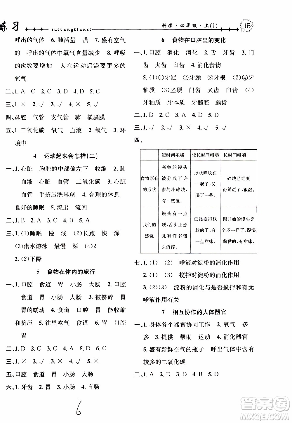 2019年課時掌控隨堂練習科學四年級上冊J教科版參考答案