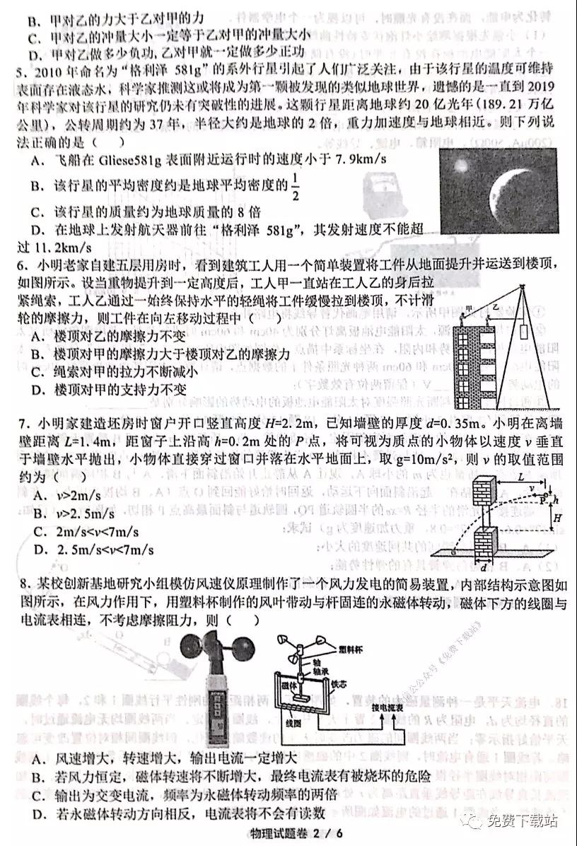 2019年浙江綠色評價聯(lián)盟12月聯(lián)考物理試題及答案