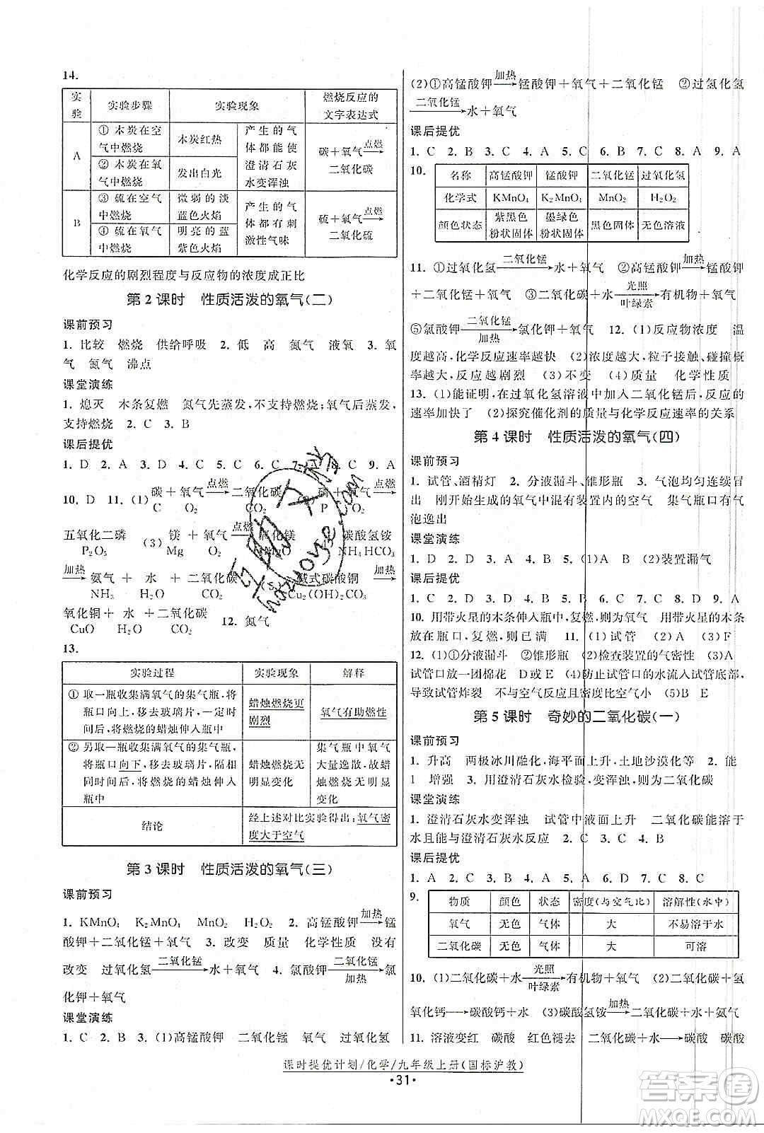 江蘇人民出版社2019課時提優(yōu)計劃作業(yè)本九年級化學上冊滬教版答案