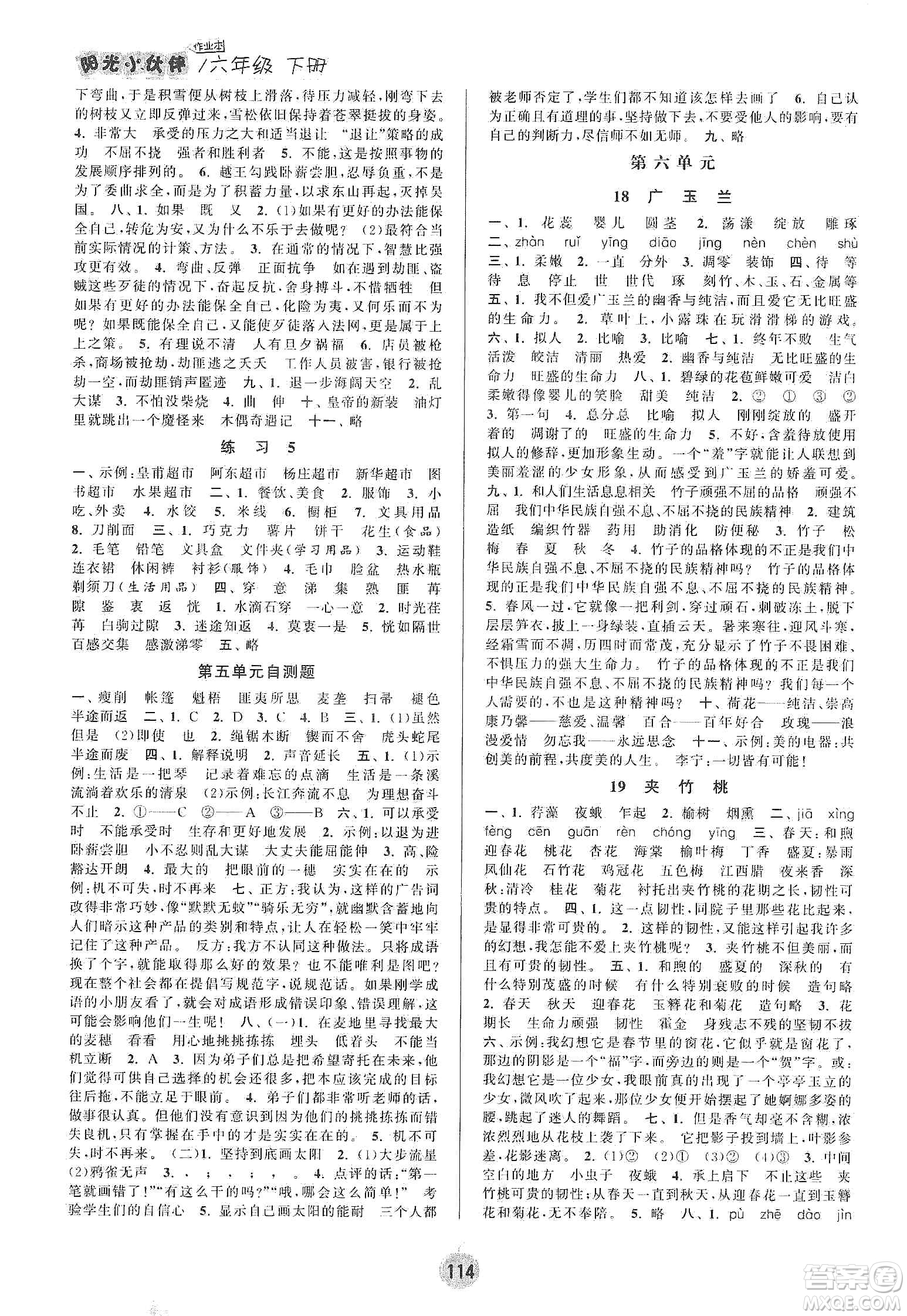 陽光小伙伴2020課時提優(yōu)計劃作業(yè)本六年級語文下冊江蘇地區(qū)專用版答案