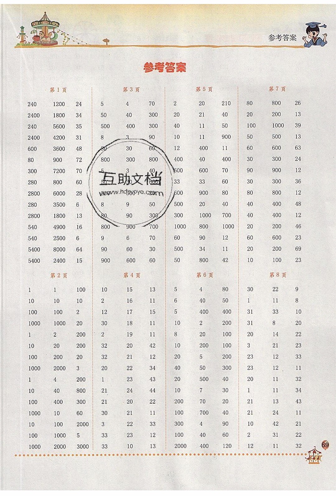 2020年春黃岡小狀元口算速算練習冊三年級數學下冊最新修訂版參考答案