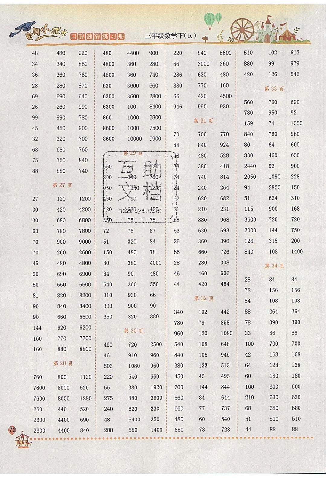 2020年春黃岡小狀元口算速算練習冊三年級數學下冊最新修訂版參考答案