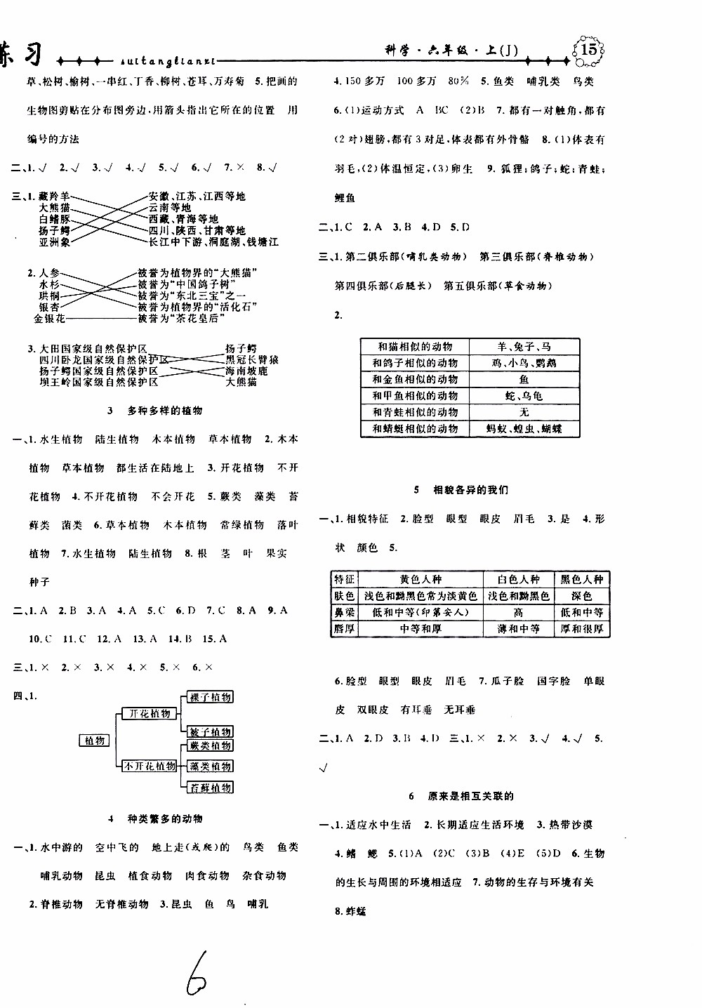 2019年課時掌控隨堂練習科學六年級上冊J教科版參考答案