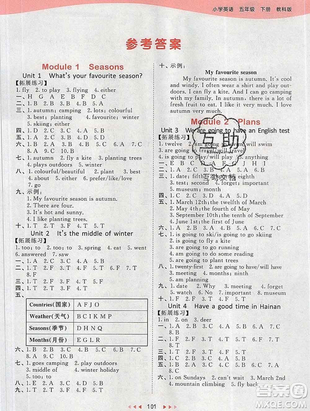 2020年春小兒郎53天天練五年級英語下冊教科版廣州專用參考答案