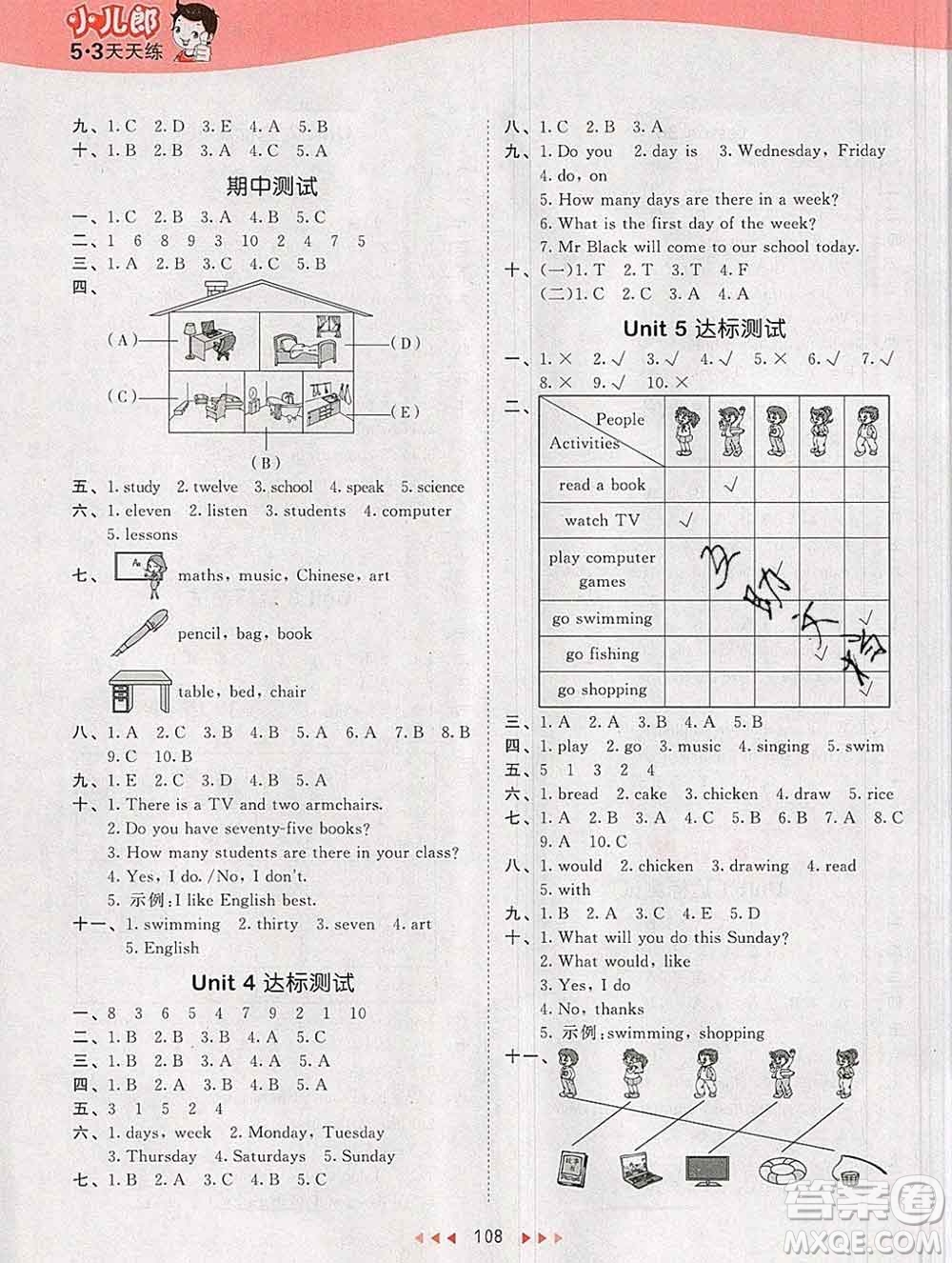 2020年春小兒郎53天天練四年級英語下冊精通版參考答案