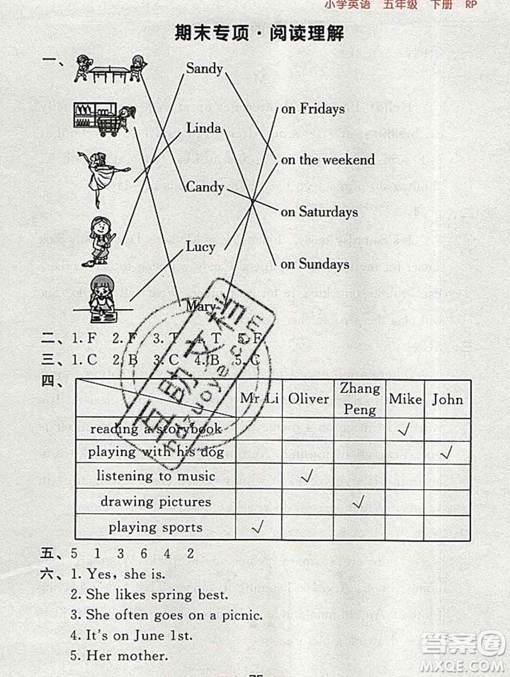 曲一線(xiàn)小兒郎系列2020春53隨堂測(cè)小學(xué)英語(yǔ)五年級(jí)下冊(cè)人教版答案