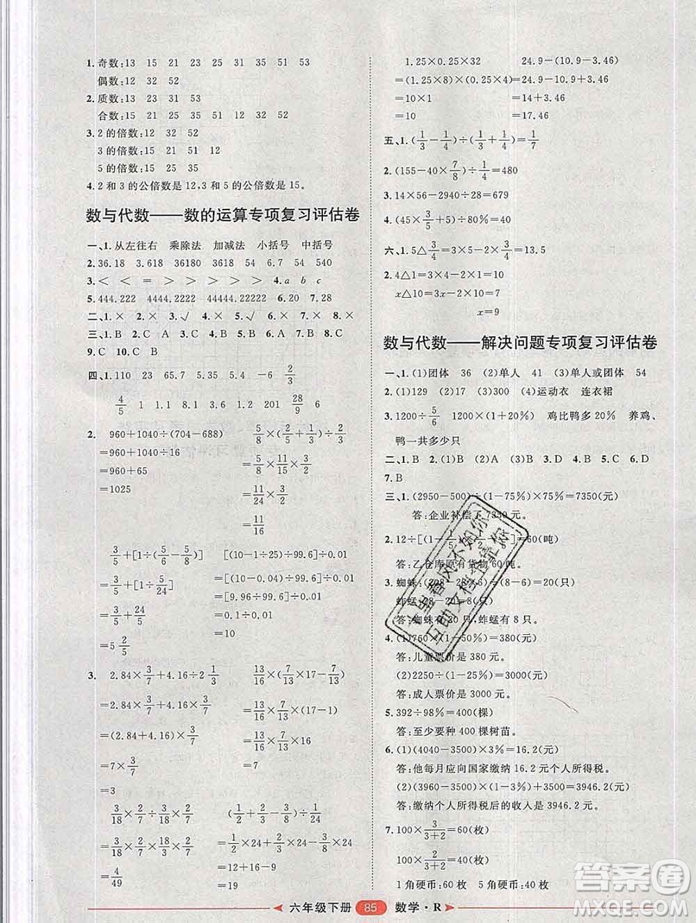 中國(guó)原子能出版社2020春季陽(yáng)光計(jì)劃第二步六年級(jí)數(shù)學(xué)下冊(cè)人教版答案