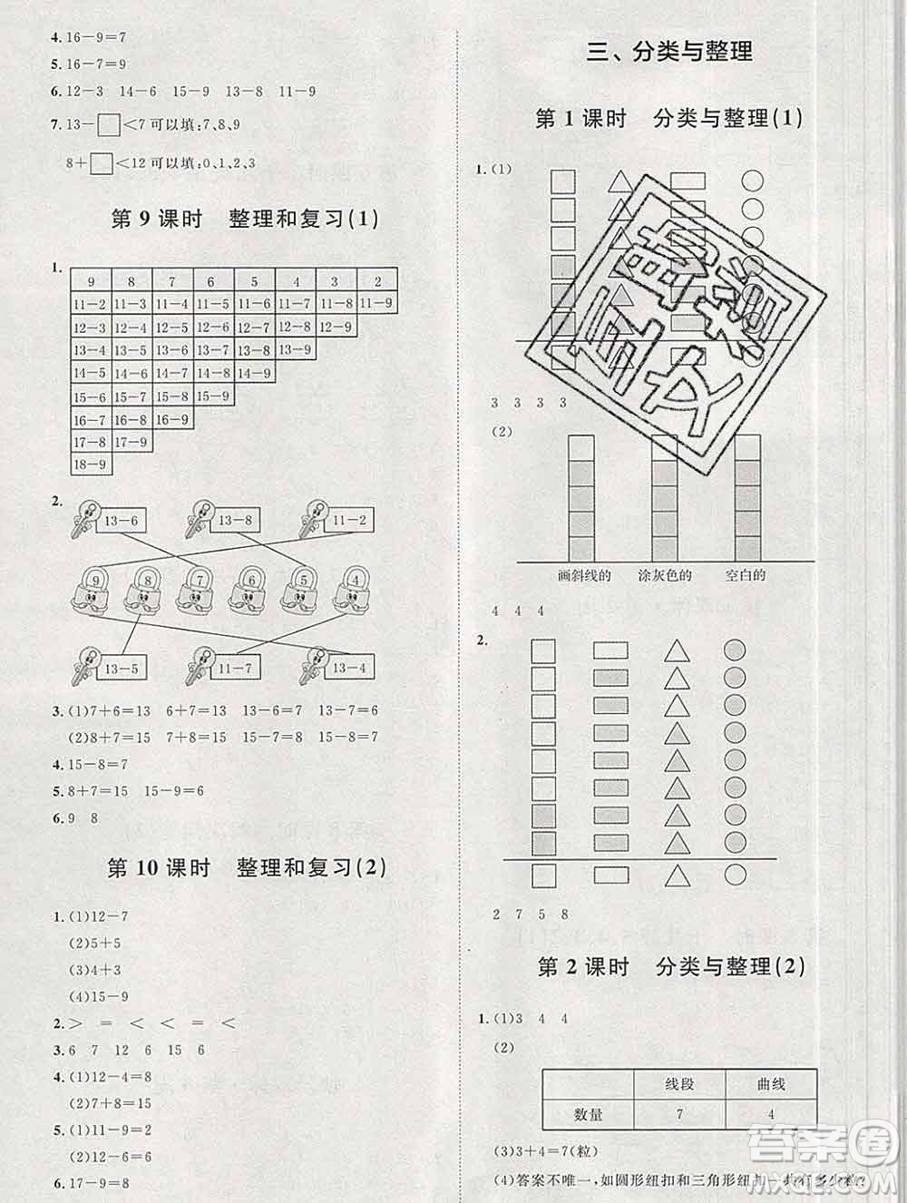 中國原子能出版社2020春季陽光計劃第一步一年級數(shù)學下冊人教版答案