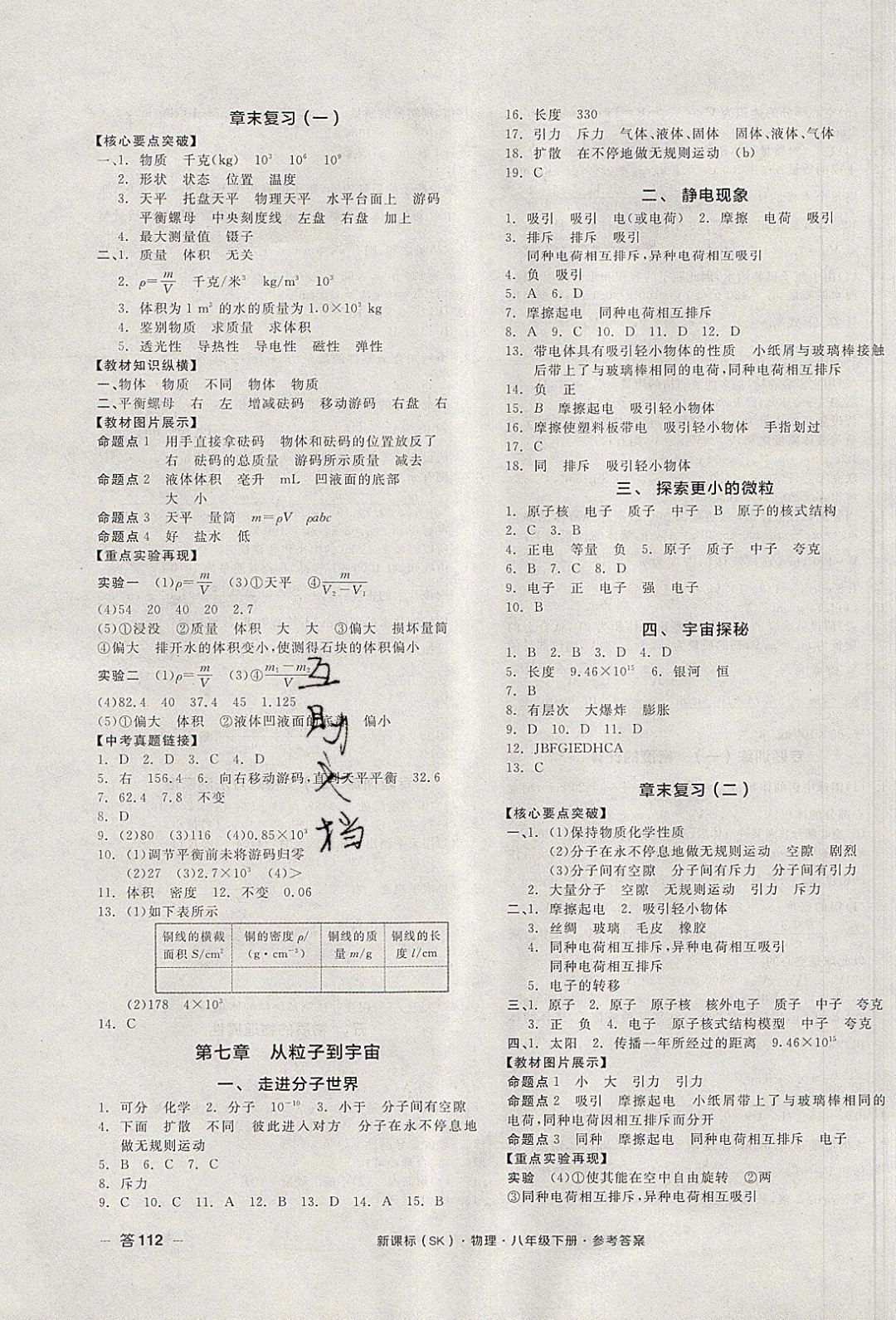 陽光出版社2020年全品作業(yè)本物理八年級下冊新課標(biāo)SJ蘇教版參考答案