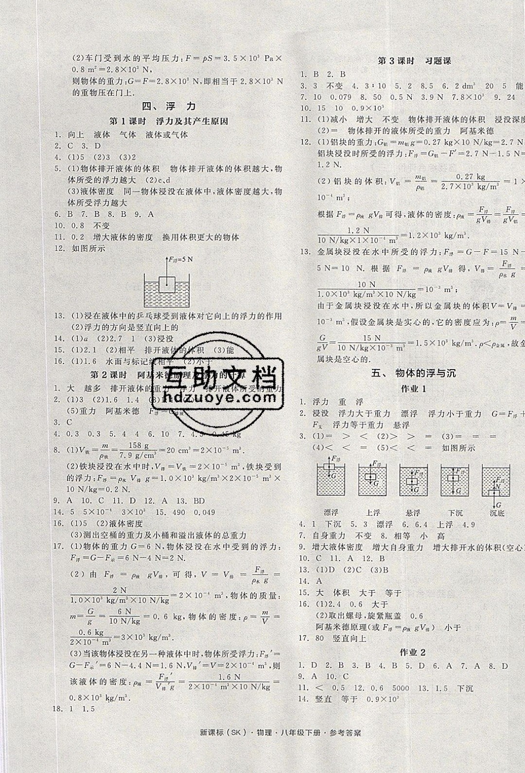 陽光出版社2020年全品作業(yè)本物理八年級下冊新課標(biāo)SJ蘇教版參考答案