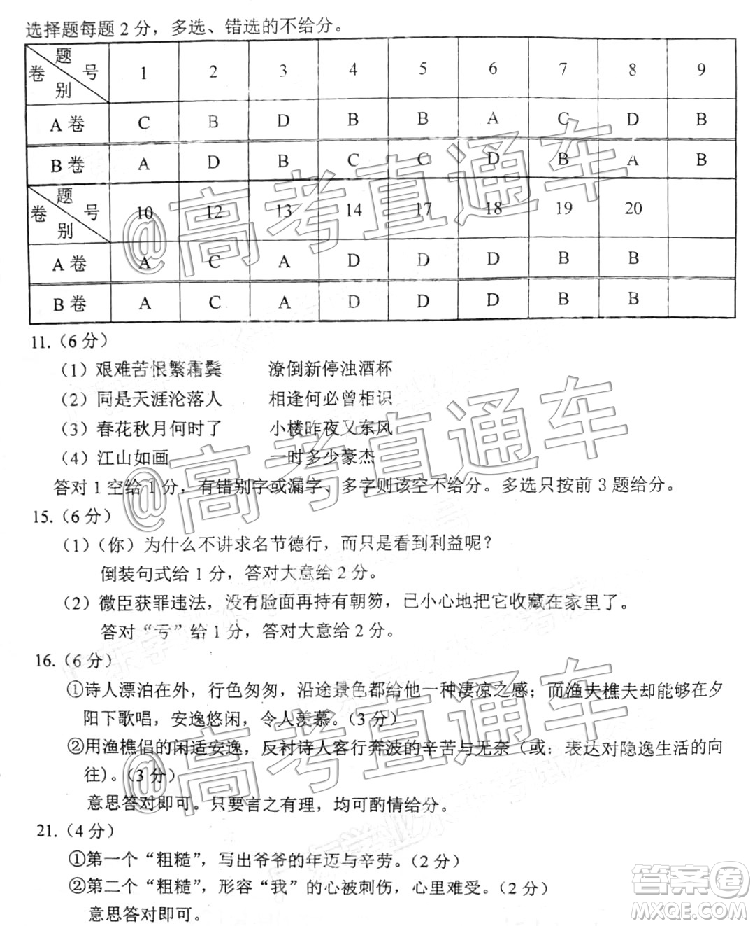 2019年12月廣東高中學業(yè)水平考試語文真題答案