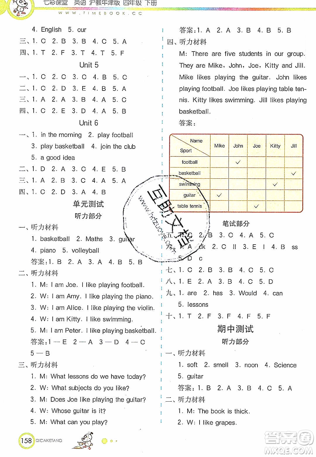 2020年春七彩課堂四年級(jí)英語(yǔ)下冊(cè)滬教牛津版答案