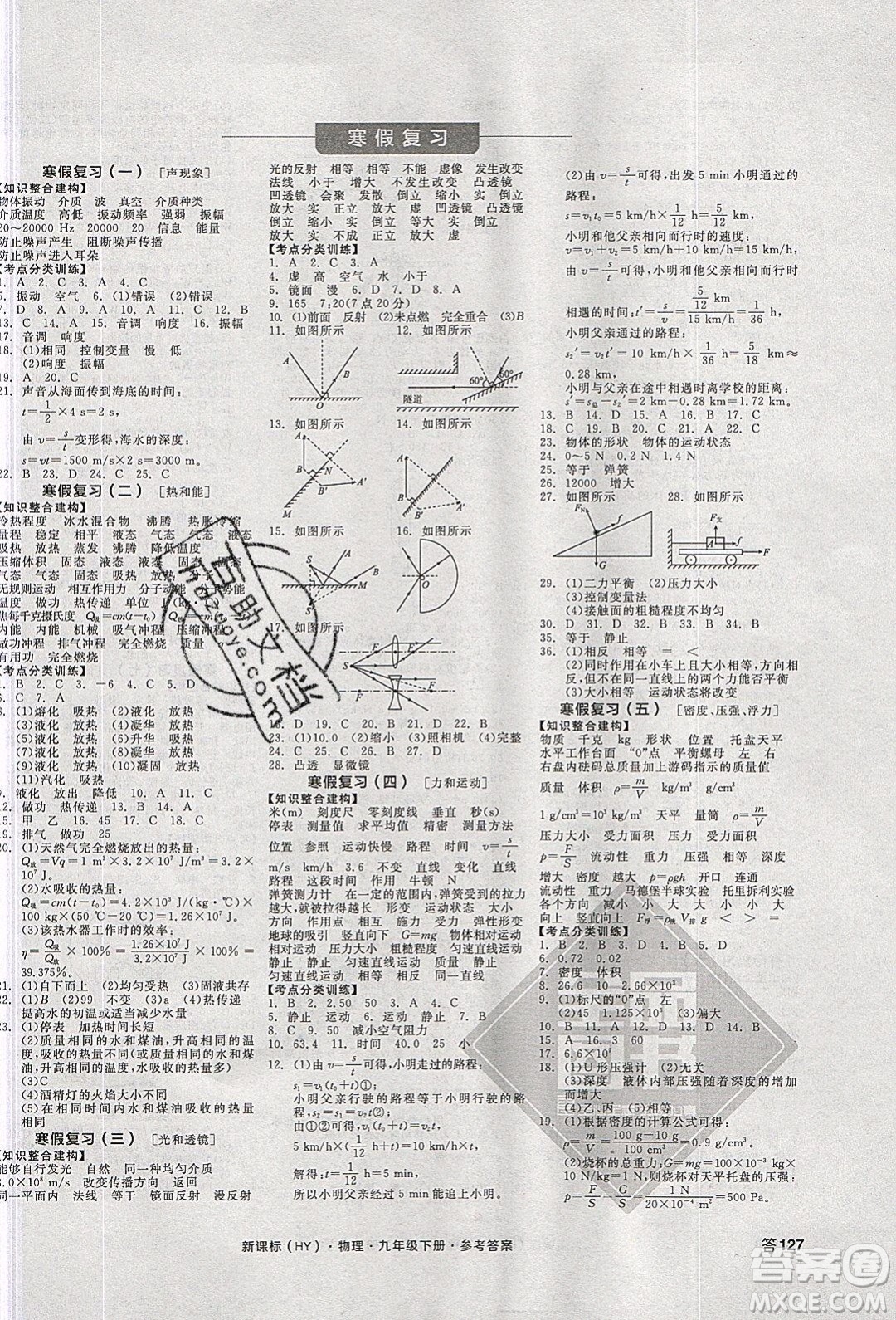 陽光出版社2020年全品學(xué)練考物理九年級下冊新課標(biāo)HY滬粵版答案