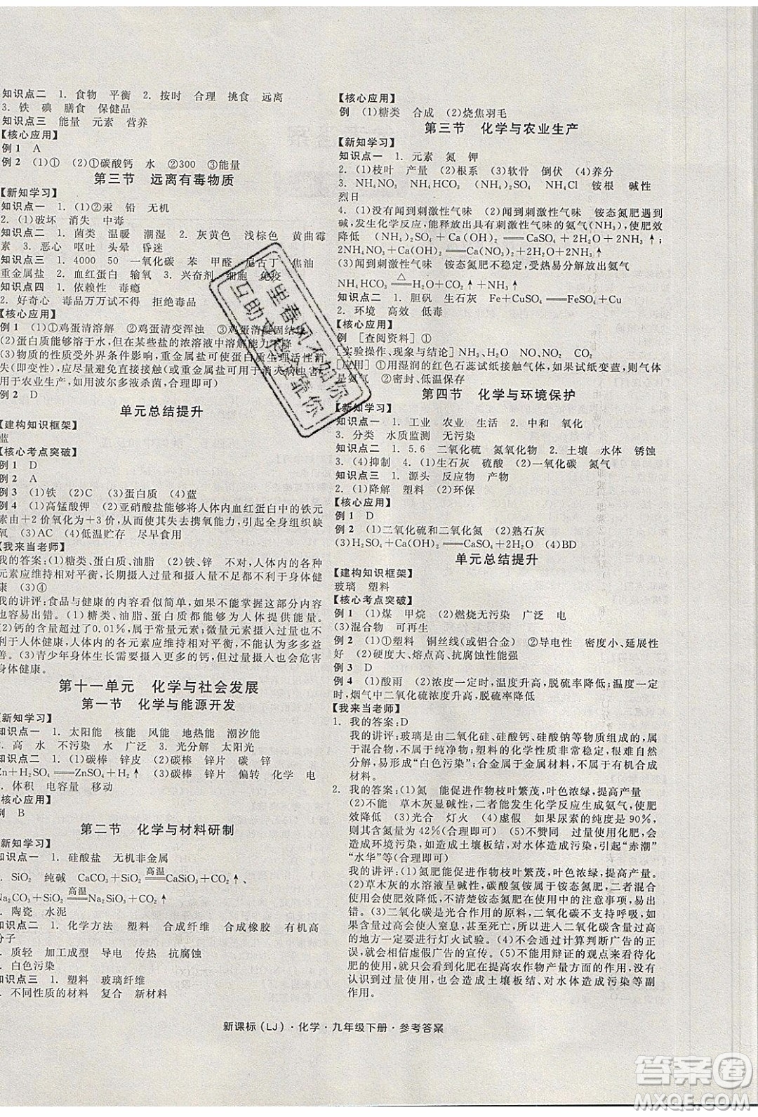 陽光出版社2020年全品學練考化學九年級下冊新課標LJ魯教版答案