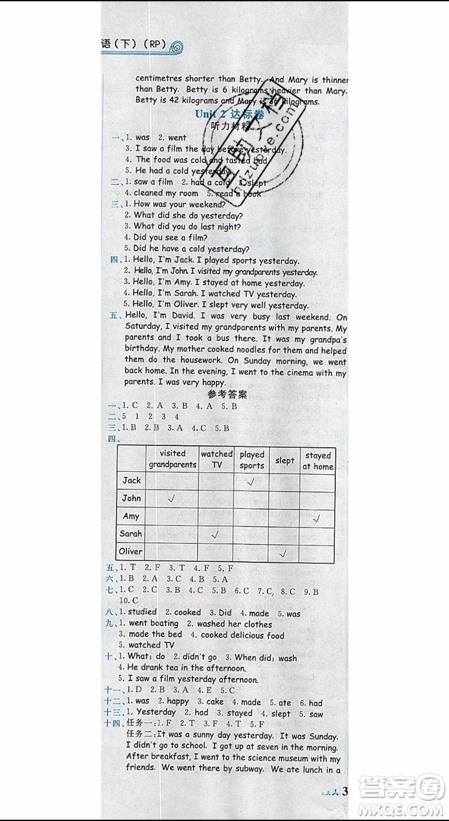 2020春黃岡小狀元達(dá)標(biāo)卷六年級(jí)下冊(cè)英語(yǔ)人教版R參考答案