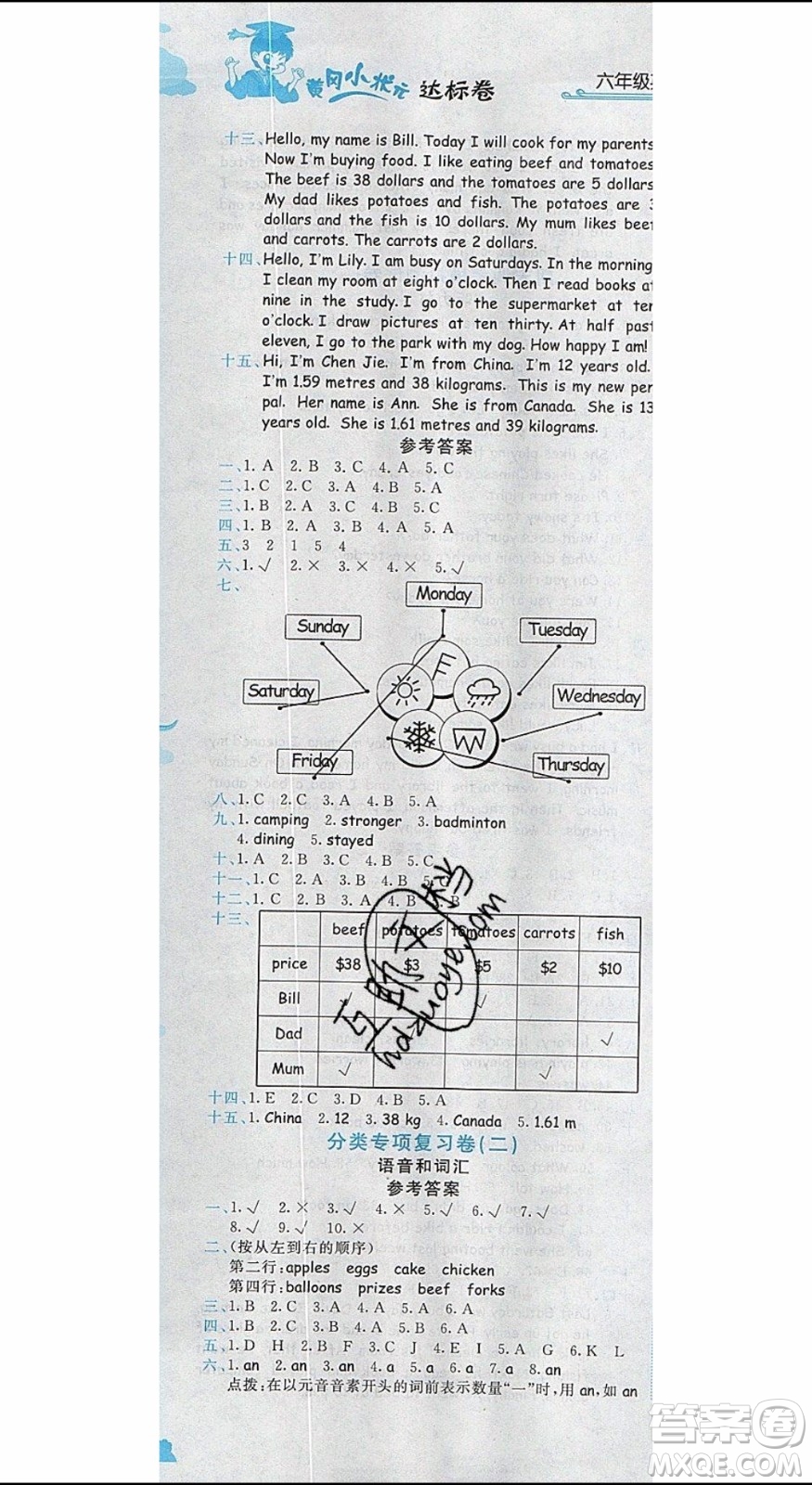 2020春黃岡小狀元達(dá)標(biāo)卷六年級(jí)下冊(cè)英語(yǔ)人教版R參考答案