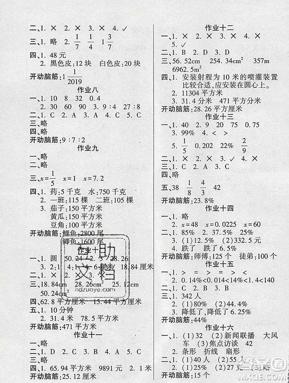 2020年金峰教育開心作業(yè)寒假作業(yè)六年級數(shù)學(xué)人教版答案