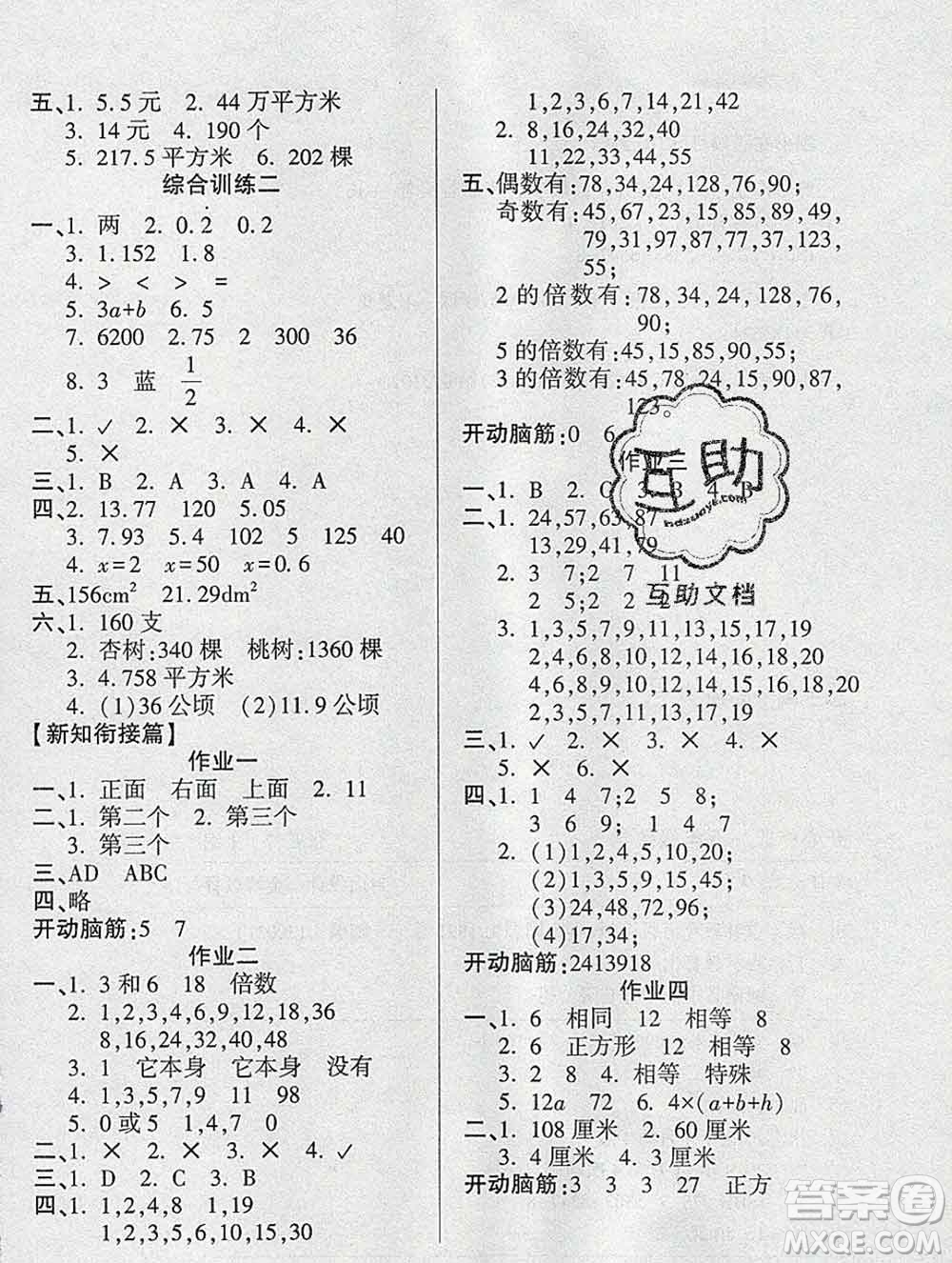 2020年金峰教育開心作業(yè)寒假作業(yè)五年級數(shù)學(xué)人教版答案