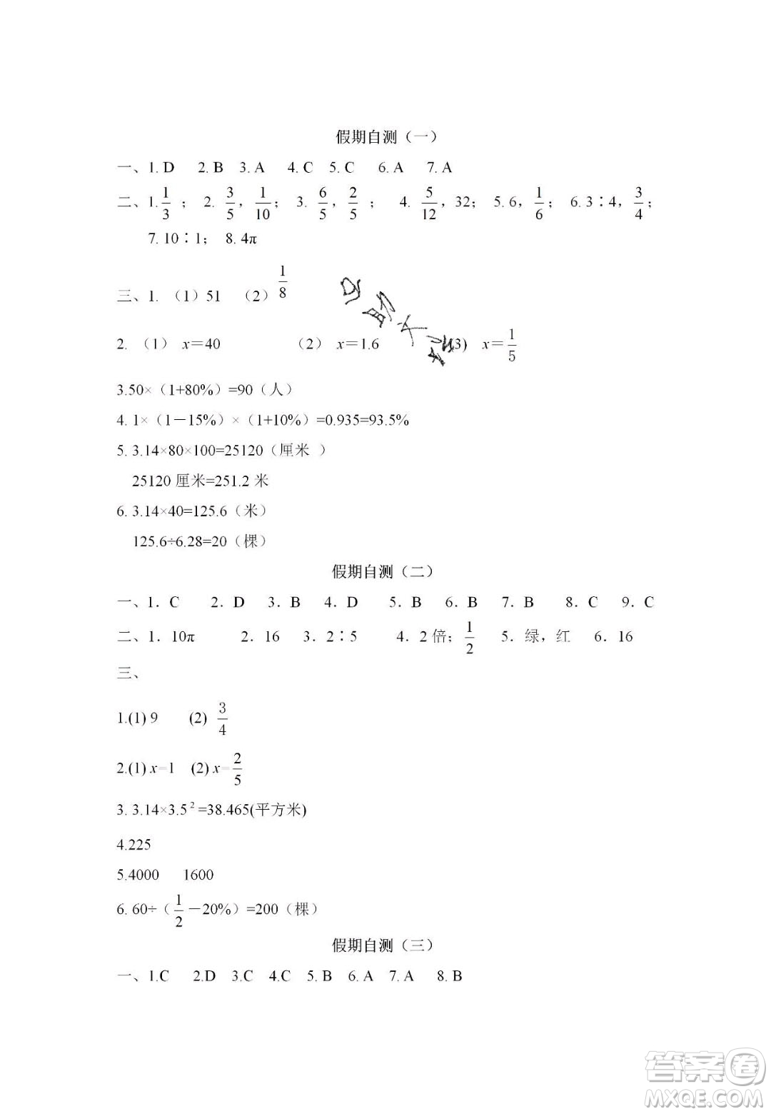 宋春生主編2020陽光假日寒假作業(yè)六年級(jí)數(shù)學(xué)人教版答案