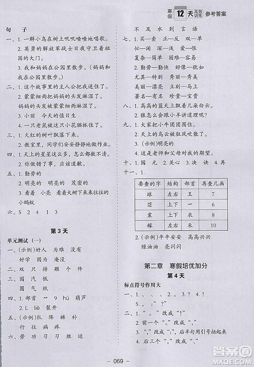 河北教育出版社2020年小學(xué)生寒假培優(yōu)銜接訓(xùn)練二年級語文答案