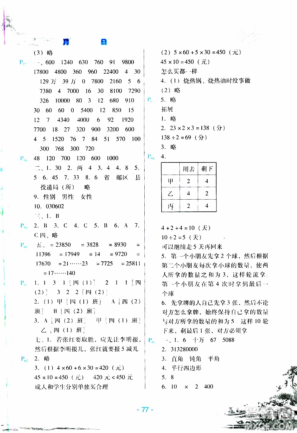 2020年導(dǎo)學(xué)練寒假作業(yè)系列數(shù)學(xué)四年級人教版參考答案