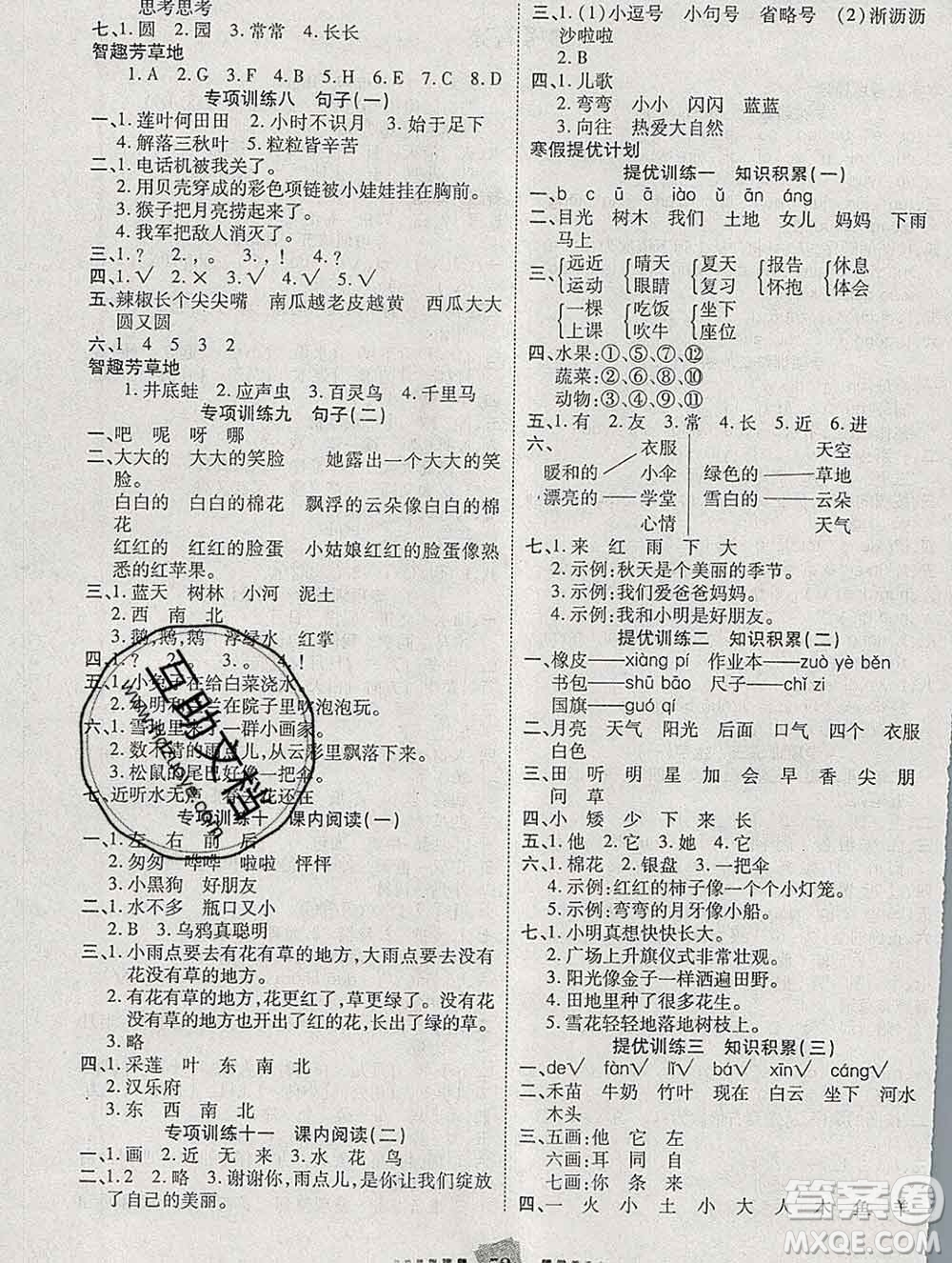 2020年特優(yōu)復(fù)習(xí)計劃期末沖刺寒假作業(yè)教材銜接一年級語文人教版答案