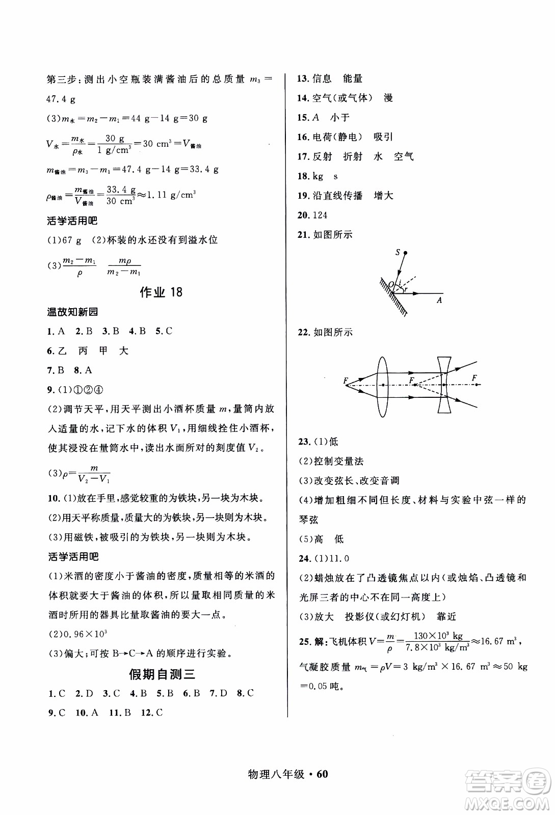 贏在起跑線2020年中學(xué)生快樂寒假物理8年級RJ人教版參考答案