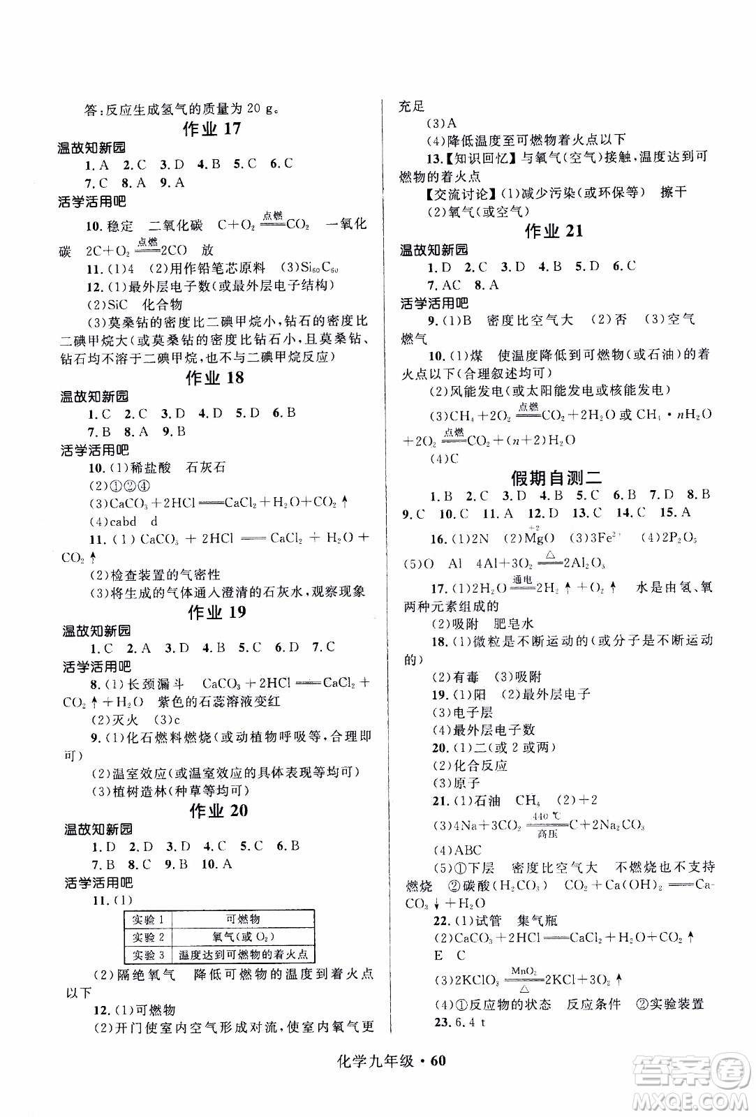 贏在起跑線2020年中學(xué)生快樂寒假化學(xué)9年級RJ人教版參考答案