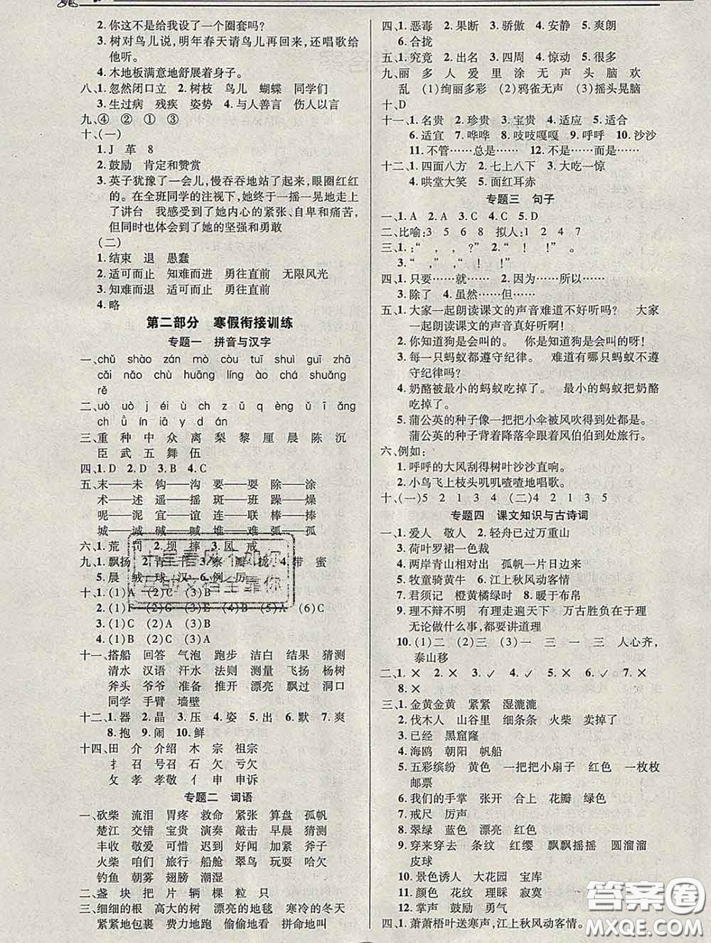 2020年快樂假期銜接優(yōu)化訓(xùn)練寒假三年級語文人教版答案