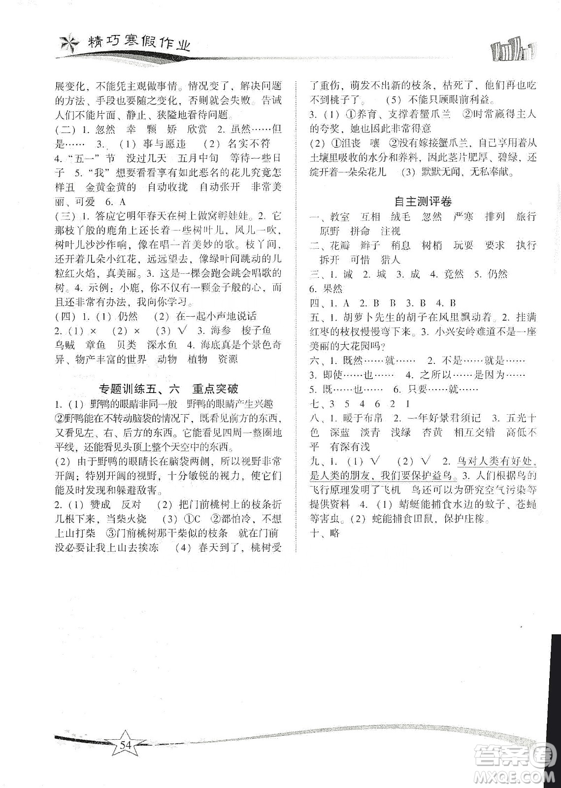 云南美術出版社2020精巧寒假作業(yè)專題訓練與期末總復習三年級語文人教版答案