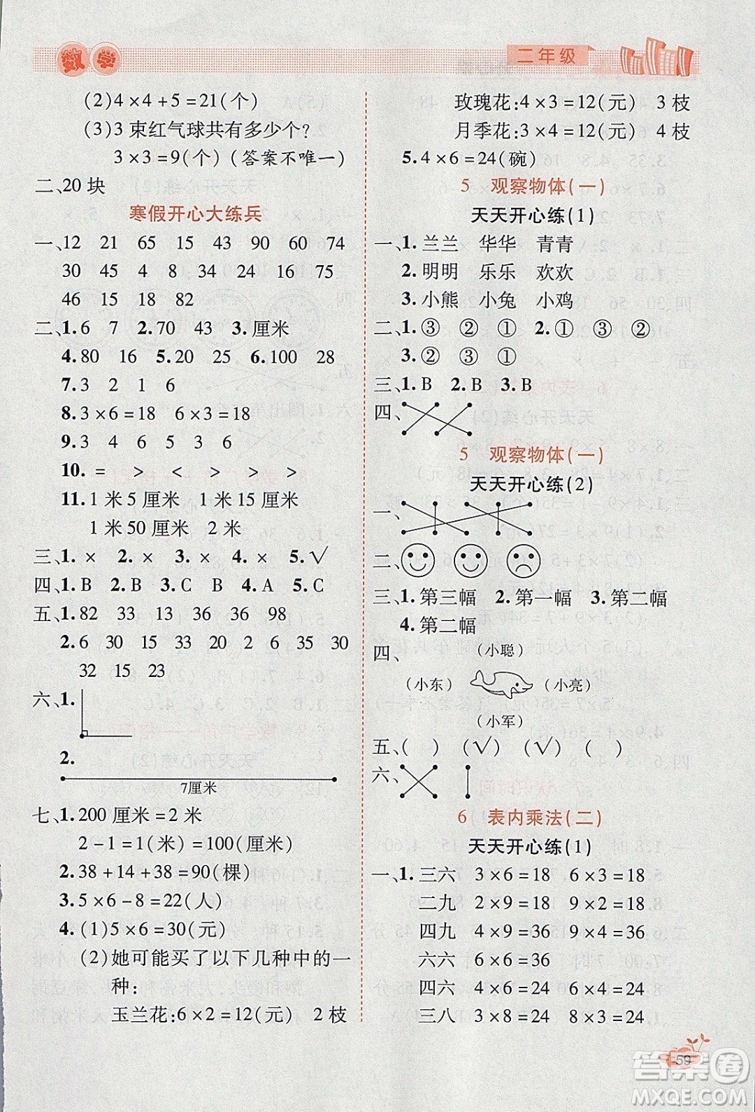 2020年全能測(cè)控寒假開(kāi)心果二年級(jí)數(shù)學(xué)RJ人教版參考答案