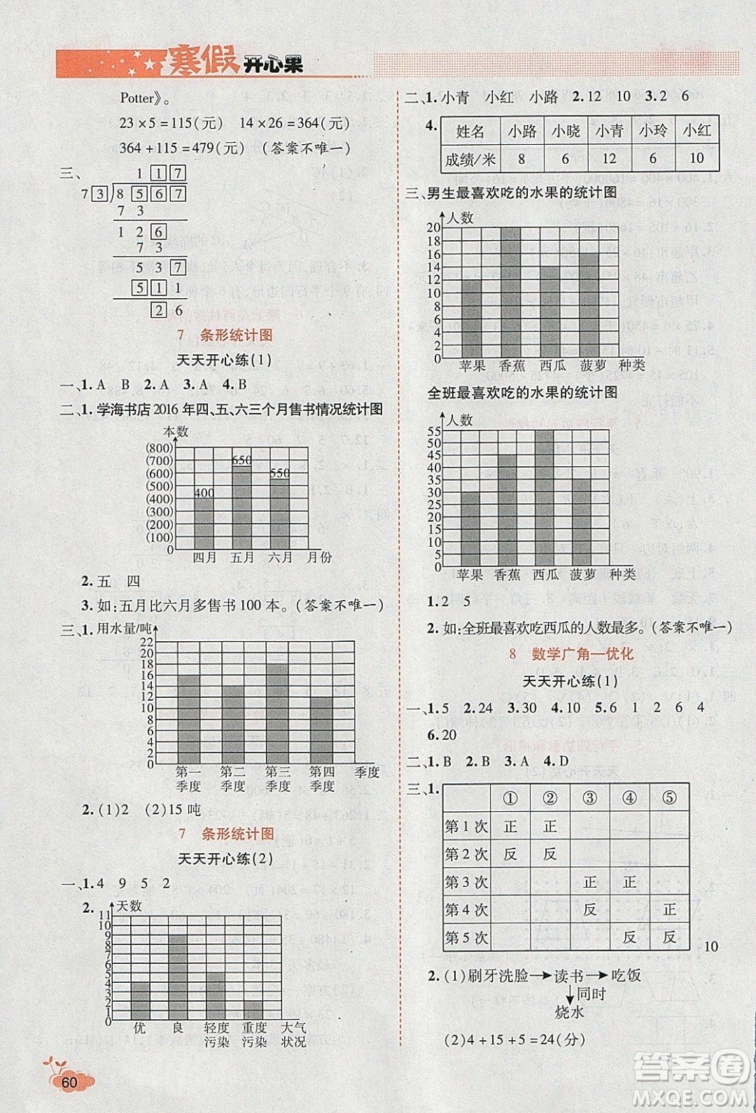 2020年全能測(cè)控寒假開(kāi)心果四年級(jí)數(shù)學(xué)RJ人教版參考答案