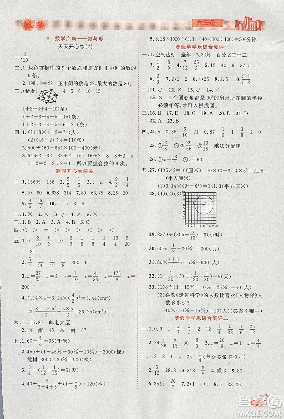 2020年全能測控寒假開心果六年級數(shù)學RJ人教版參考答案