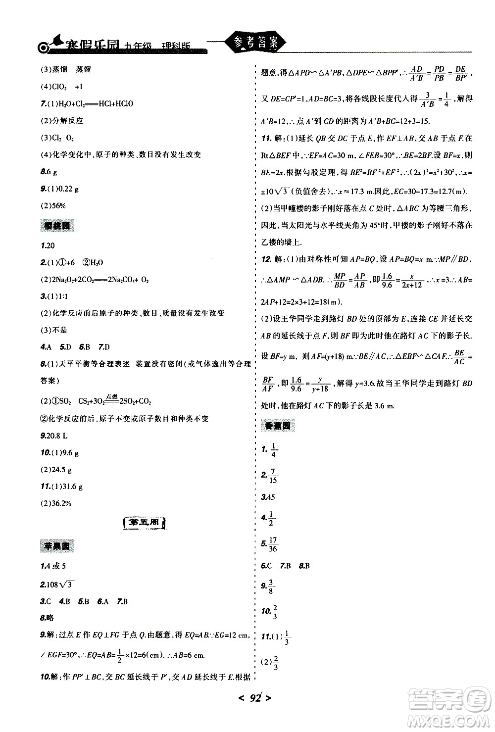 遼寧師范大學(xué)出版社2020年寒假樂園九年級(jí)理科版參考答案