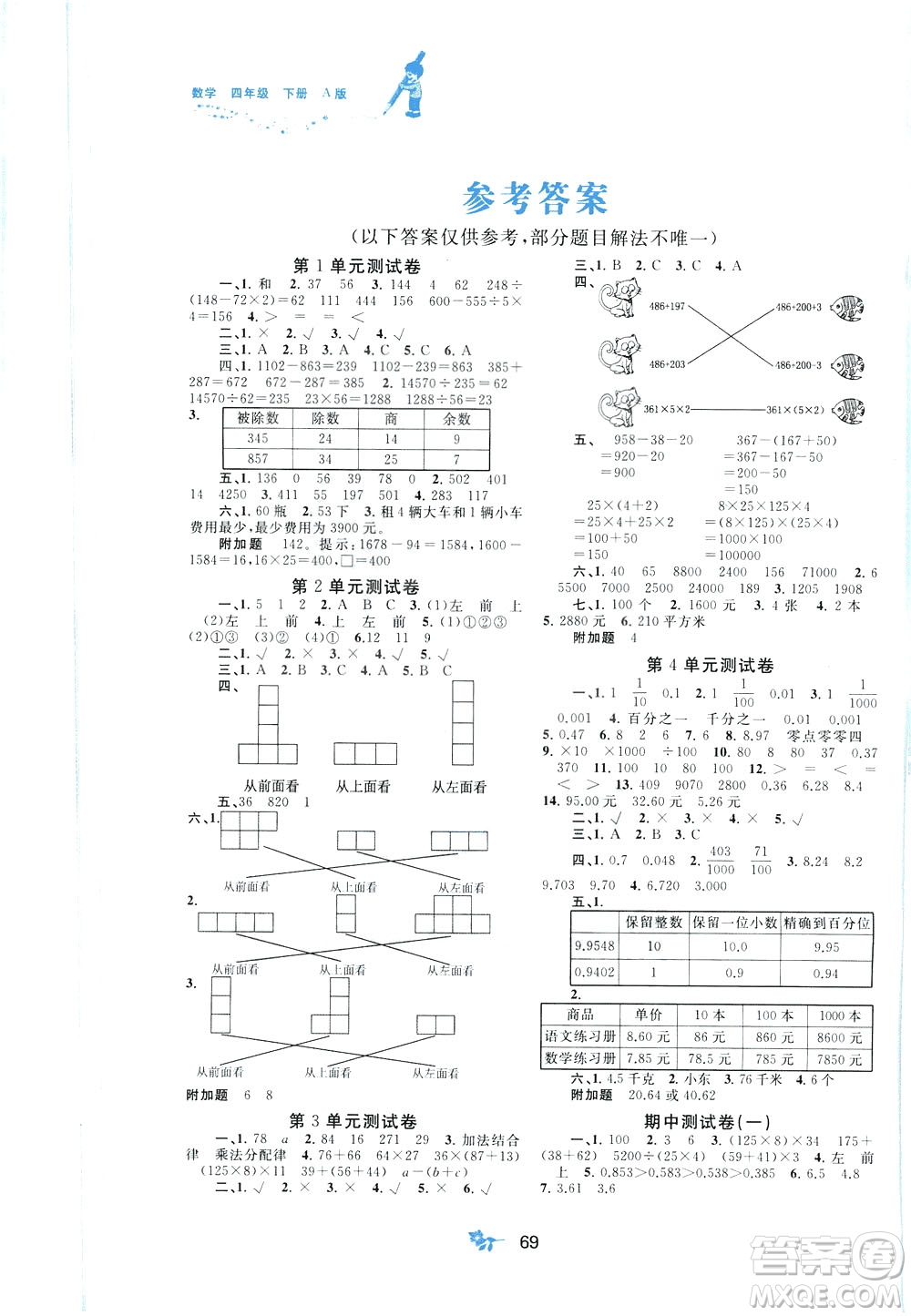 2020年小學(xué)新課程學(xué)習(xí)與測評單元雙測數(shù)學(xué)四年級下冊A版參考答案