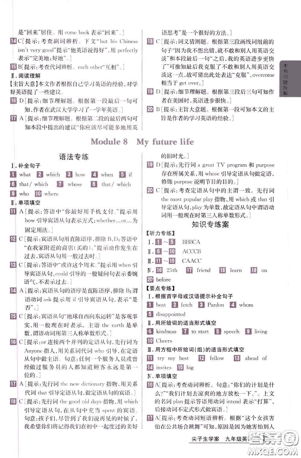 吉林人民出版社2020年尖子生學案九年級下冊英語新課標外研版彩繪版參考答案