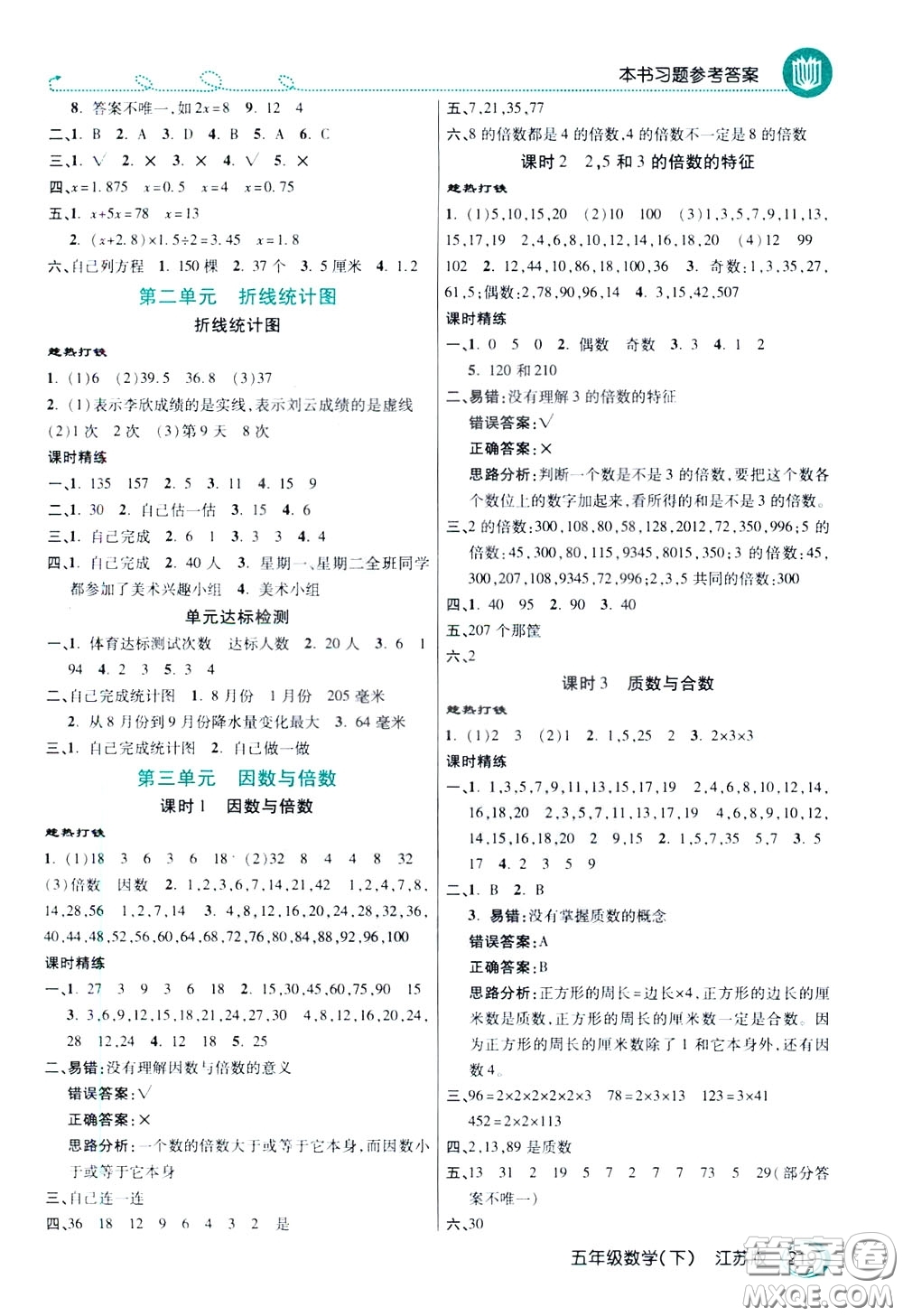 萬向思維2020年倍速學(xué)習(xí)法教材導(dǎo)學(xué)練五年級(jí)數(shù)學(xué)下江蘇版參考答案