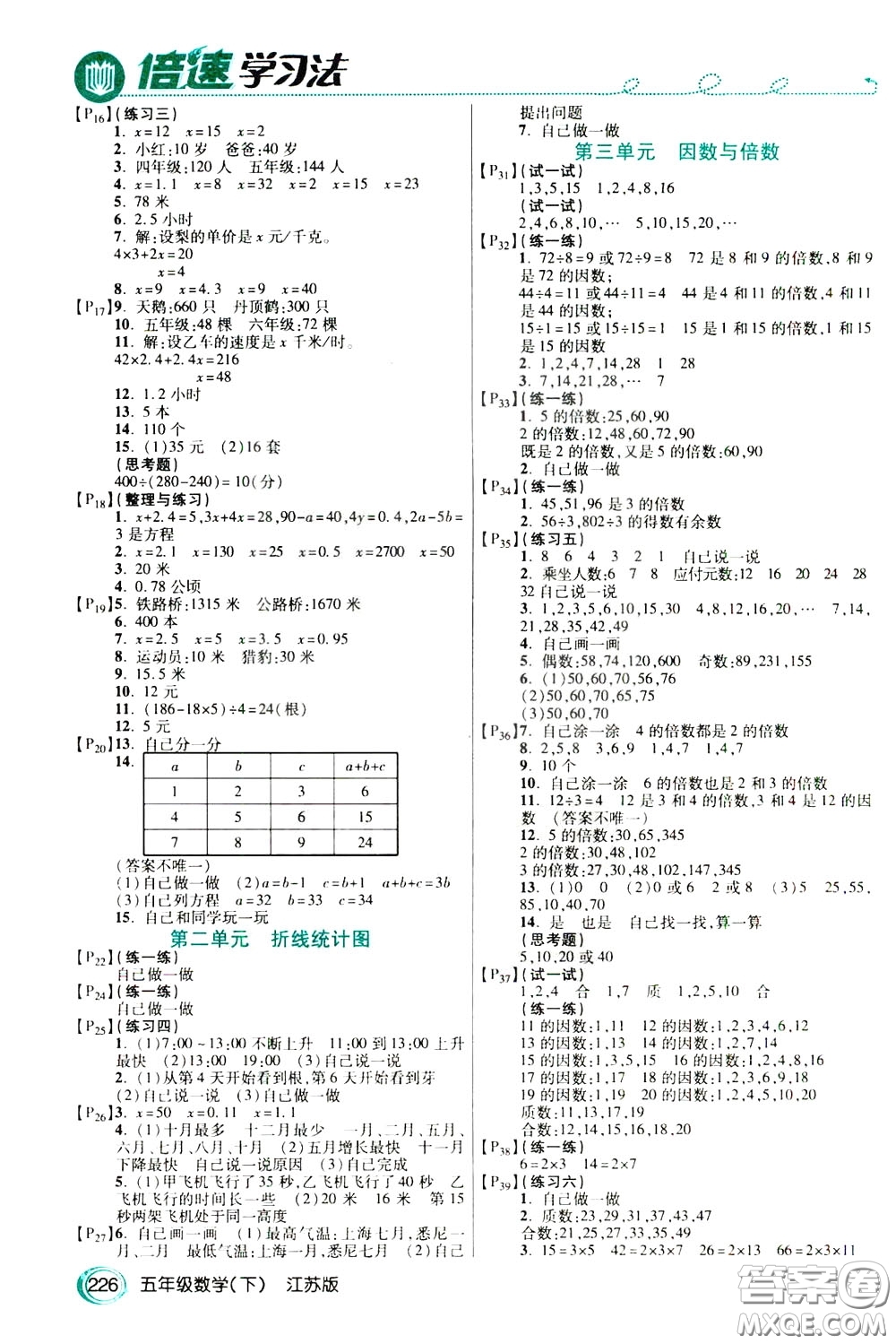 萬向思維2020年倍速學(xué)習(xí)法教材導(dǎo)學(xué)練五年級(jí)數(shù)學(xué)下江蘇版參考答案