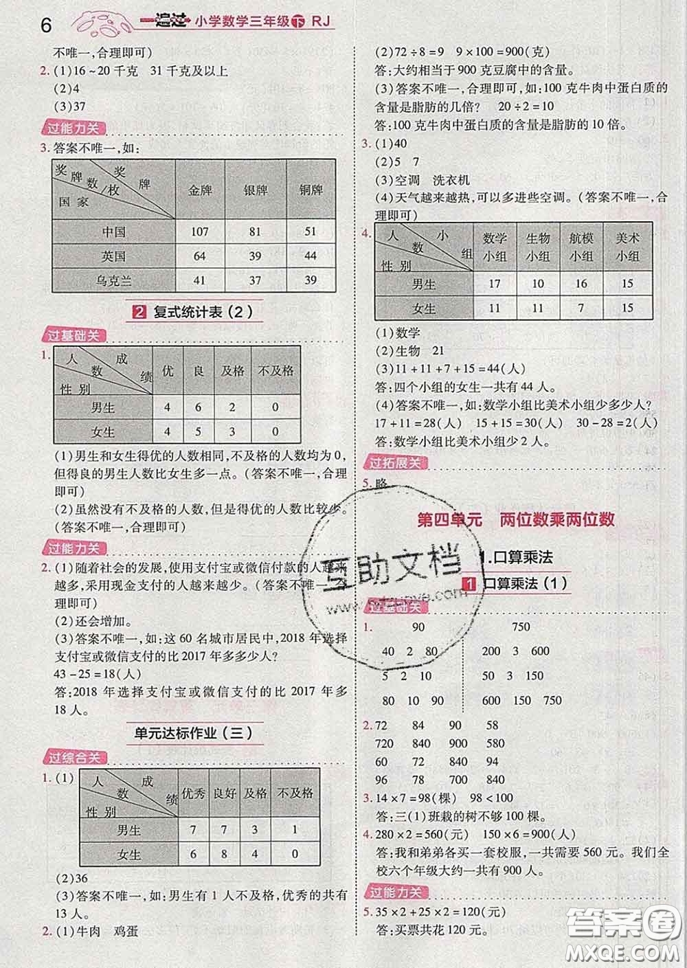 天星教育2020年一遍過小學(xué)數(shù)學(xué)三年級下冊人教版答案