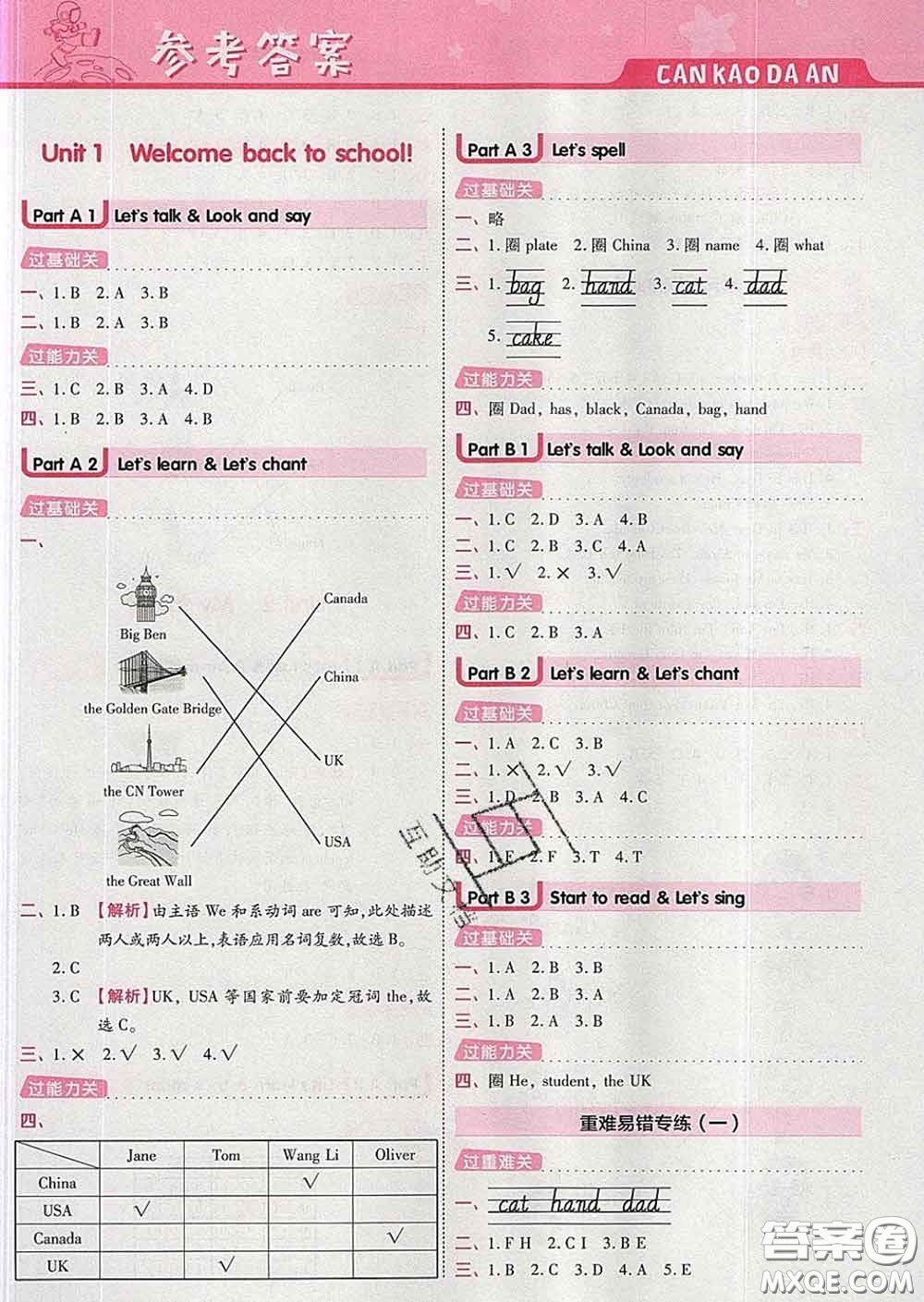 天星教育2020年一遍過小學(xué)英語三年級下冊人教版答案