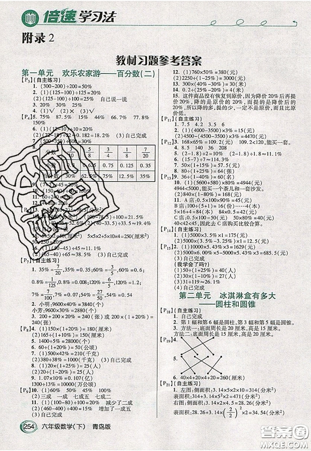 萬(wàn)向思維2020年倍速學(xué)習(xí)法教材導(dǎo)學(xué)練六年級(jí)數(shù)學(xué)下青島版參考答案